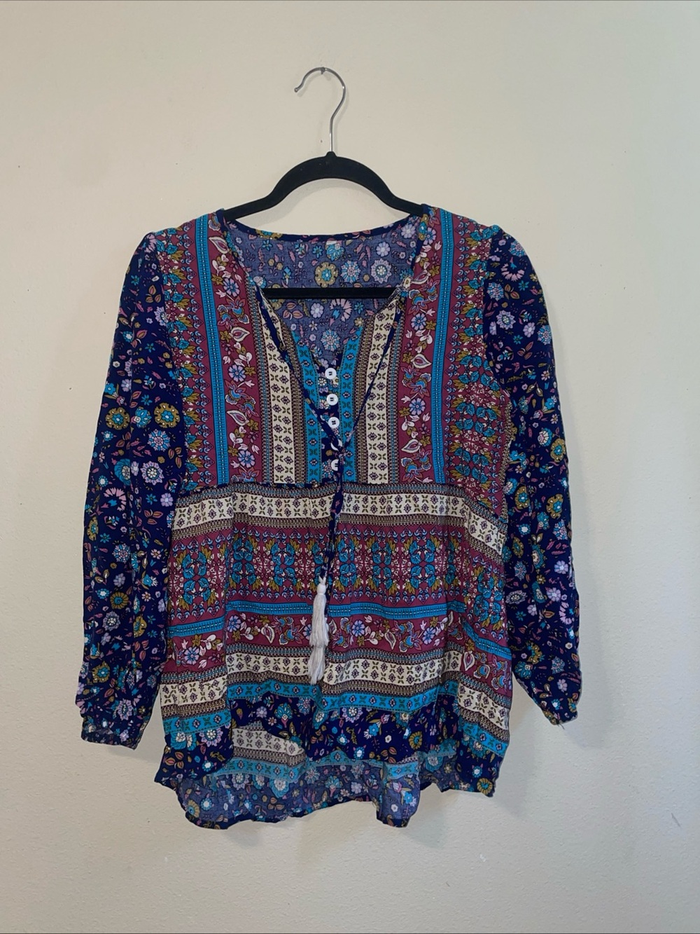 Boho Floral Tie Neck Blouse Tassel V-Neck Button Front Top‎ Small